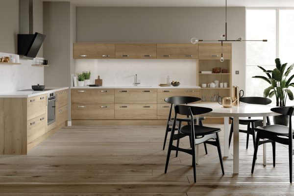 A warm beige kitchen with matt-textured Halifax oak cabinetry and light countertops for a natural, contemporary feel.