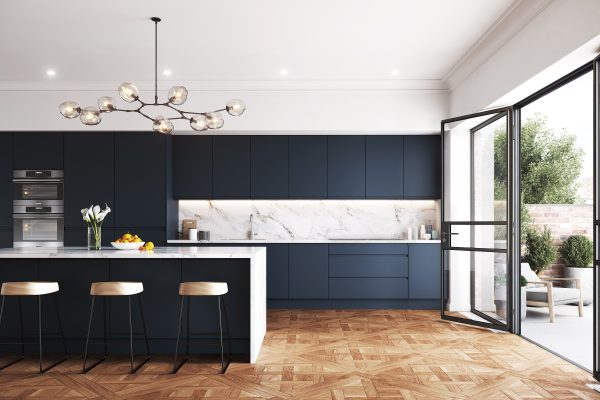 A modern kitchen with bold indigo handleless matt units and white countertops, creating an elegant and striking design.