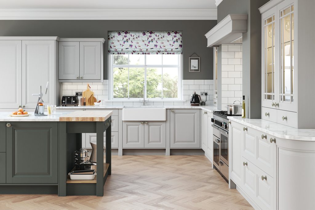 Light grey kitchen cabinet with smooth finish and subtle detailing, offering a calm and versatile look.