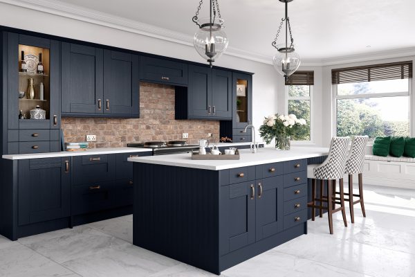 A modern kitchen with warm copper accents and luxurious midnight blue shaker units, creating a rich and inviting atmosphere.