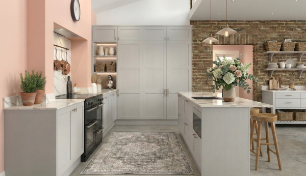 beige kitchen units in painted solid wood