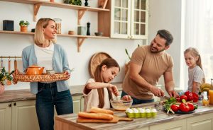 family cooking together in kitchen