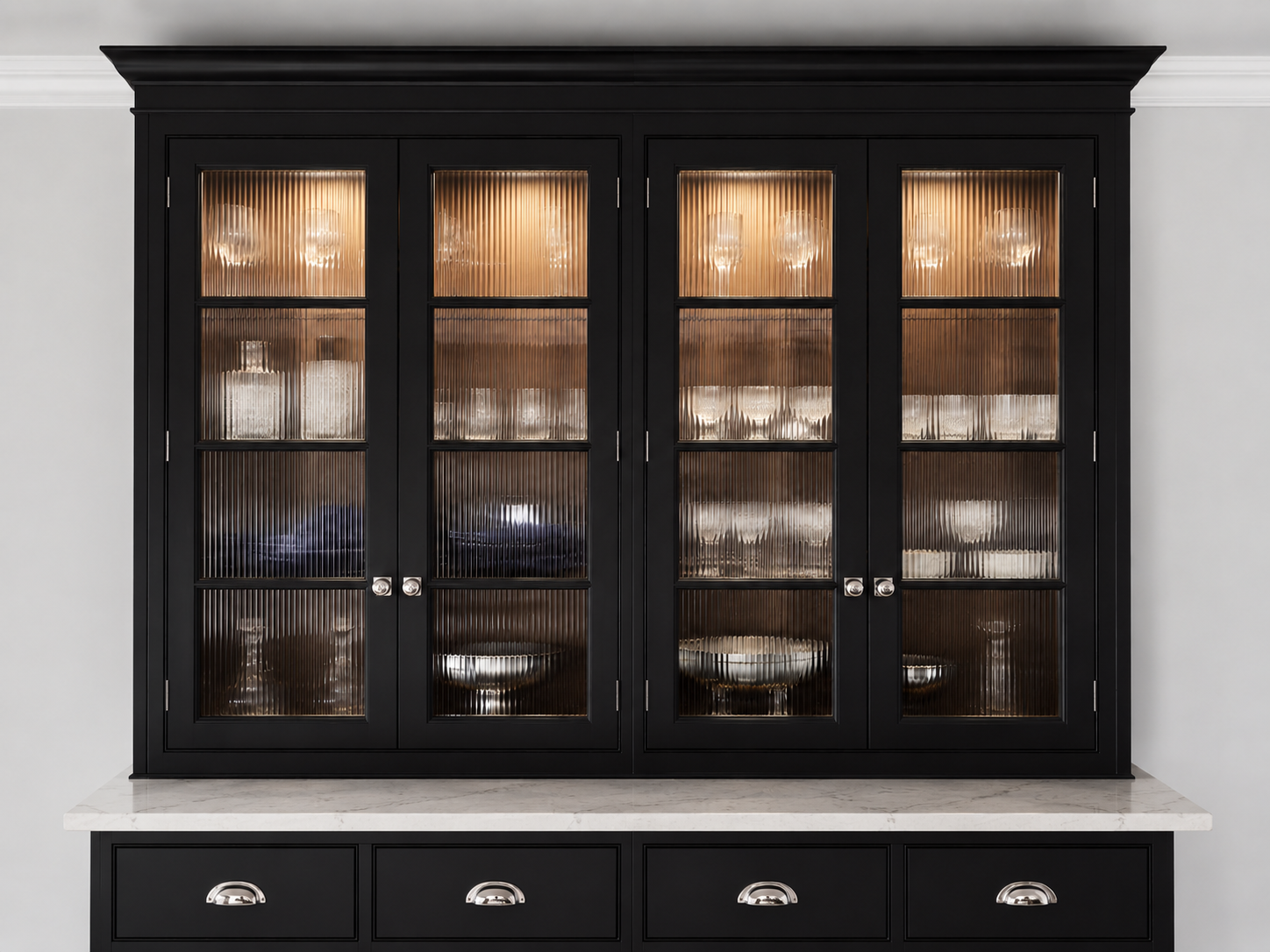 Fluted glass kitchen cupboard with black frames