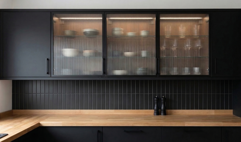 fluted glass kitchen unit doors above wooden kitchen worktop